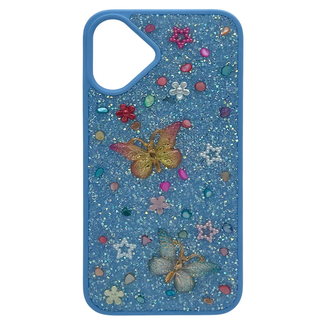 iPhone 16 Plus Butterfly and Diamond Bling Case Sky blue